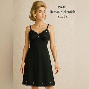 VTG 1960s Henson Kickernick Black Nylon Slip Size 38 Lace Floral Hem